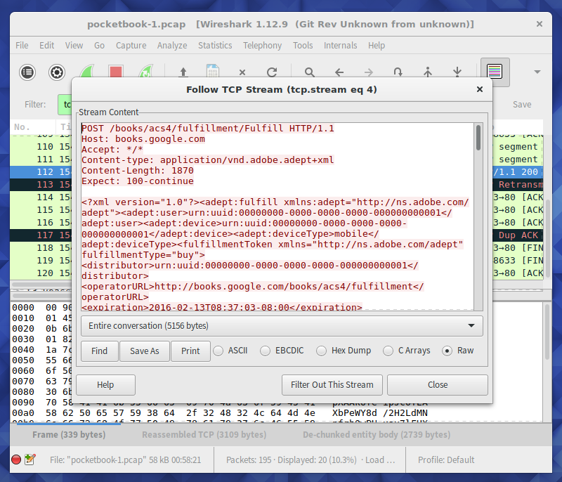 Screenshot of Wireshark displaying HTTP traffic from/to e-reader.