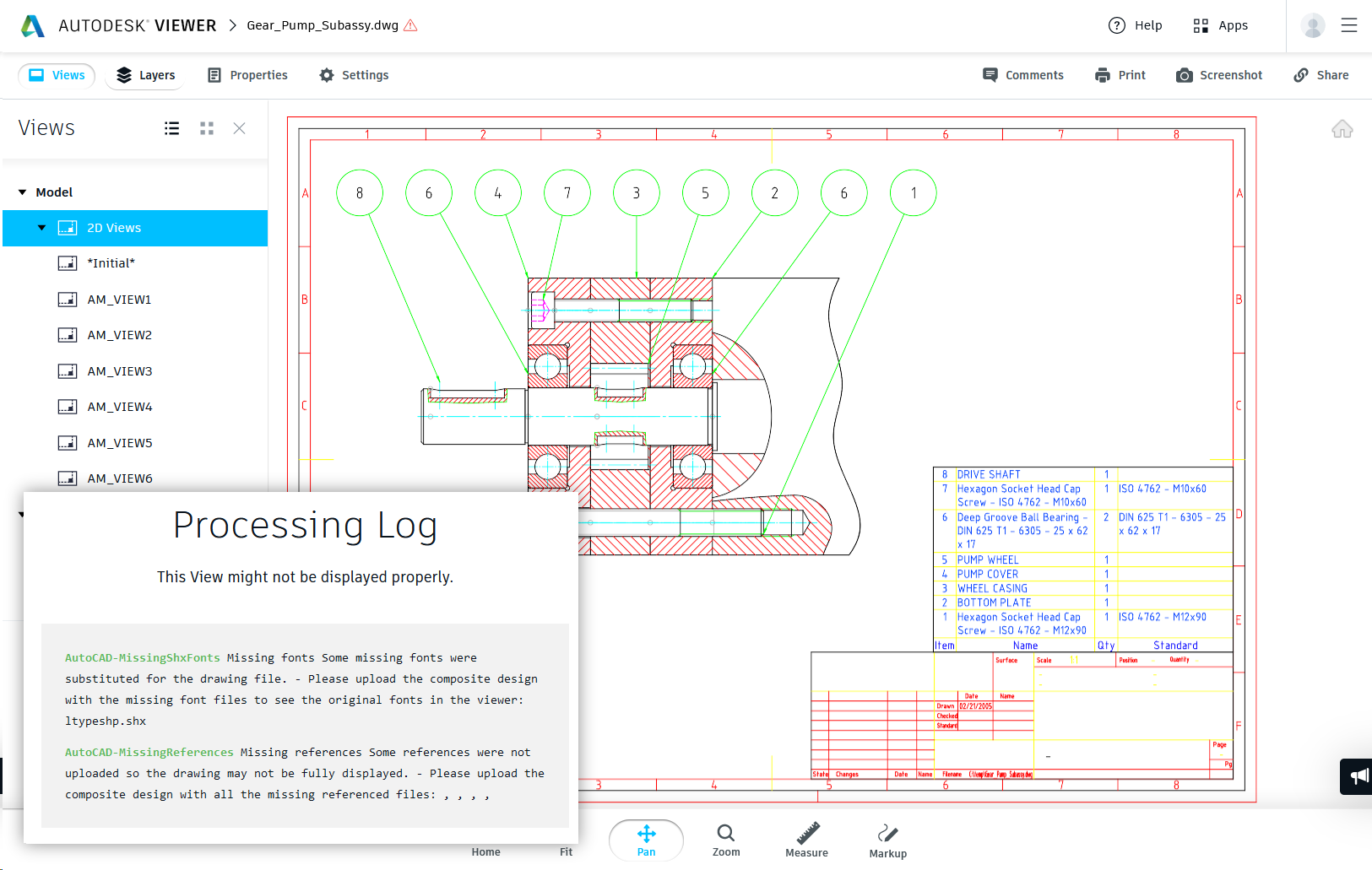 Autodesk Viewer showing Gear Pump Subassembly.
