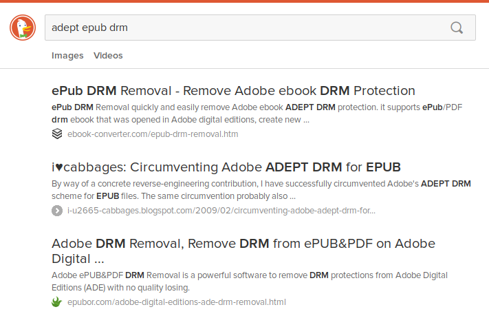 Screenshot of duckduckgo.com search for "adept epub drm".