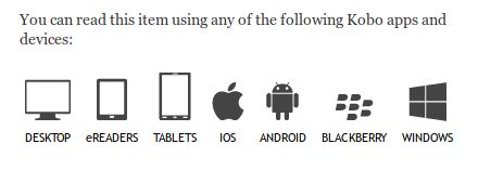 Screenshot from kobobooks.com showing the list of supported devices: Desktop, eReaders, Tablets, iOS, Android, Blackberry, Windows
